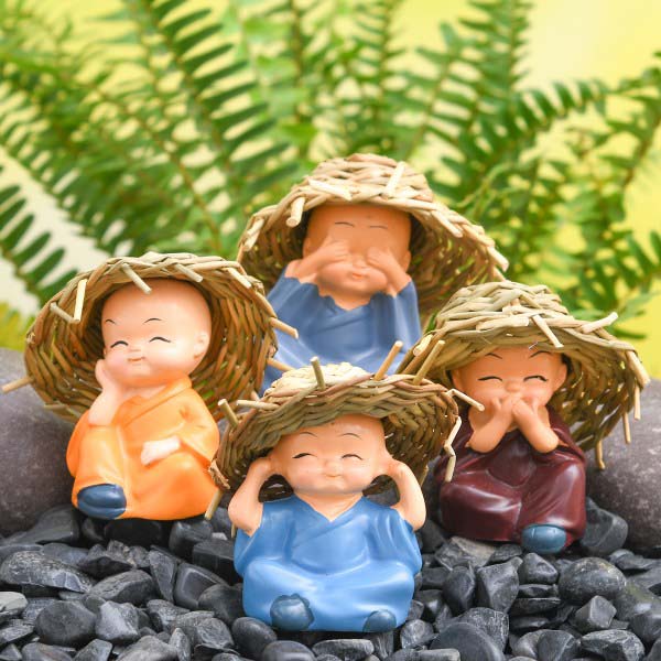 Hay Hat Buddha Figurine Set of 4 - Back Garden Nursery