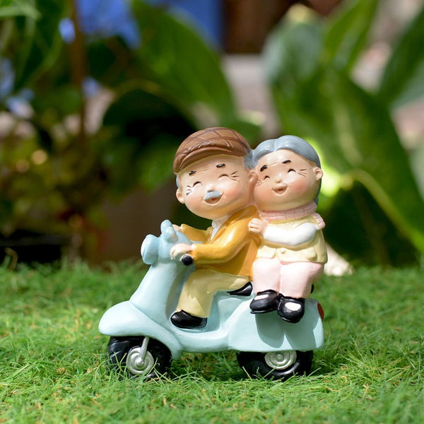 Resin Old Couple on Scooter Theme Garden Miniature - Back Garden Nursery