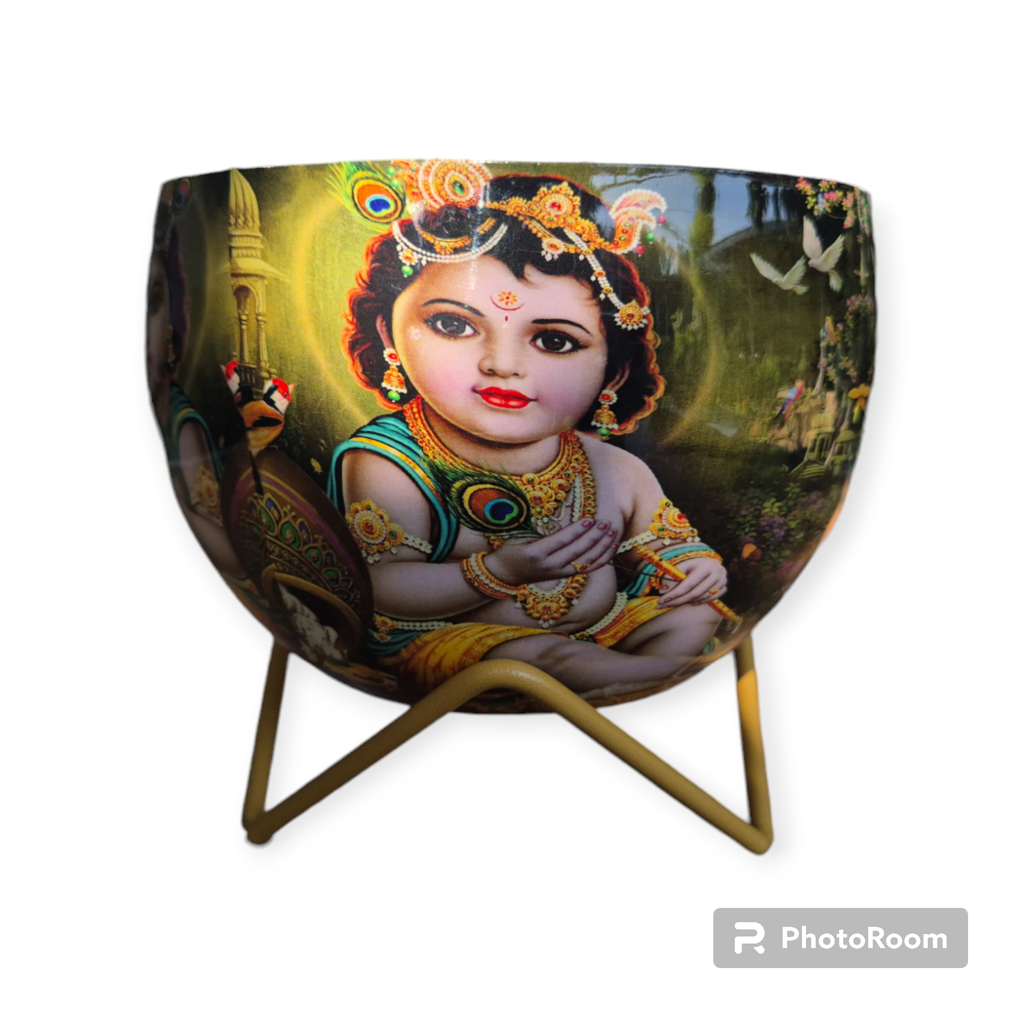 APPLE POT WITH KANHA JI IMAGE (METAL)